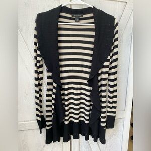 White House Black Market Striped Ruffle Cardigan Gold Thread Silk Blend Size XS